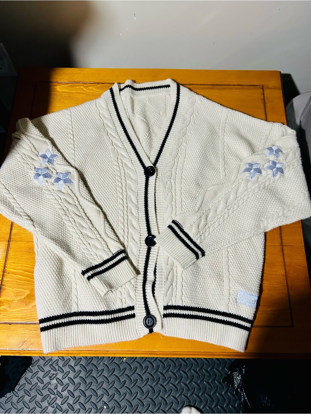 Taylor Swift Cream Cable Knit Cardigan with Black Stripes